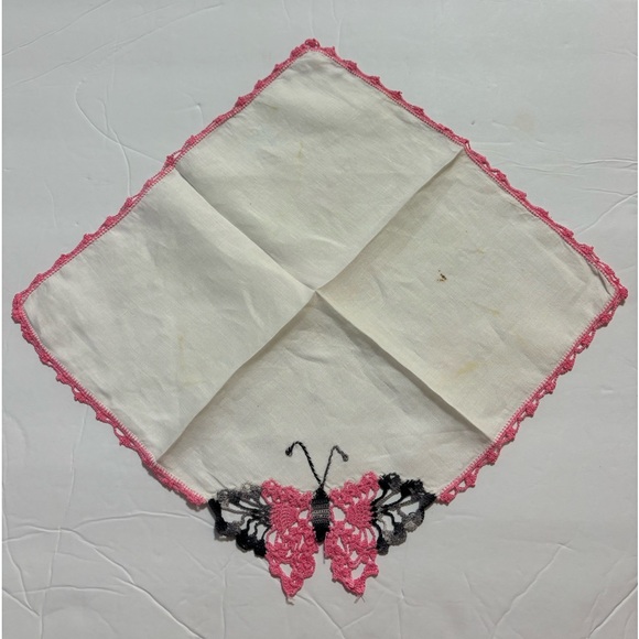 Pink Black Crocheted Butterfly Vintage Ladies Handkerchief 12”x12” - Picture 9 of 11